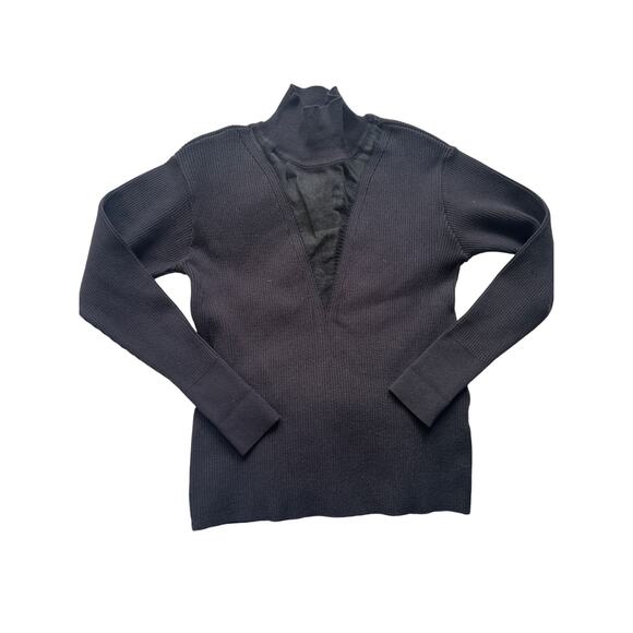 Paola Bernardi Black Ribbed Mock Neck Sheer V Sweater XS - Picture 3 of 9